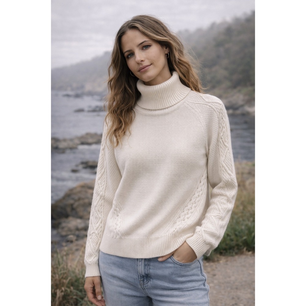 Kinross Winter White Cotton Cable Knit Turtleneck Sweater LFSG1-214 Womens Large